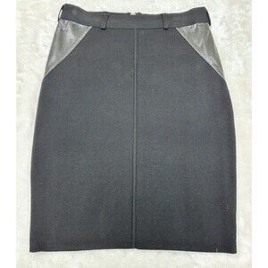 White + Warren Women's Black 100% Merino Wool Leather Panels Pencil Skirt Sz M